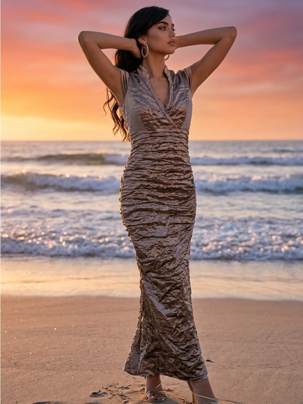 Nicole Miller Metallic Bronze champagne Ruched Maxi Dress